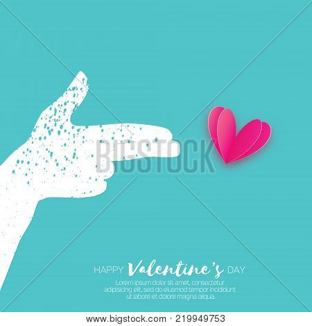 Hand making shape of pointed gun. Person holding Two fingers like a revolver. Love Bang. Pink Heart Shot in paper cut style. Valentine day. Romantic Holidays. Vector