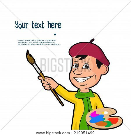 On the image presented Сheerful artist with a brush and paints a vector illustration.
