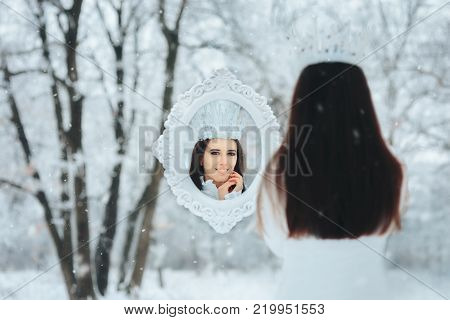 Snow Queen Looking in Magic Mirror Winter Frost Fantasy Portrait