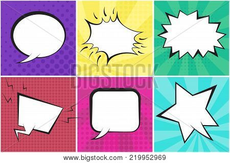 Retro comic speech bubbles on colorful dotted and striped backgrounds in pop art style. Green, blue, red, yellow, purple and pink places for comics book, advertisement text, web design, badge, banner