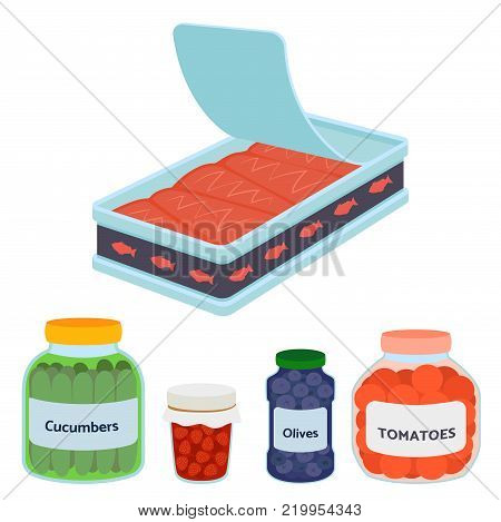 Collection of various tins canned goods food metal container grocery store and product storage aluminum flat label conserve vector illustration. Meal steel cylinder nutrition.
