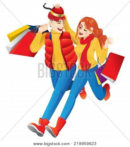 Happy lovers walking under the cherry blossom trees, carrying several shopping bags. This vector suitable for Chinese New Year/ Valentine or winter sales.