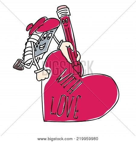 character notebook writes on the heart for Valentines Day. Vector flat illustration.