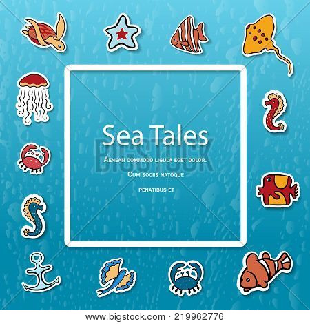Clipart. Place for text, Shells, fish, deep-sea animals of the sea and ocean Beautiful marine aquarium. Isolated on white background. Vector illustration