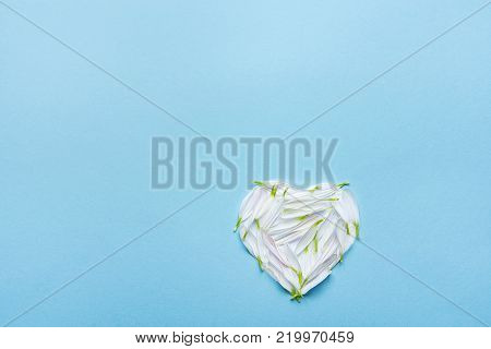 Heart Symbol Made from White Flower Petals on Blue Background. Valentine Mother's Day Romantic Love Environment Vegan Logo Eco Spa Wellness Concept. Greeting Card Banner Poster Copy Space