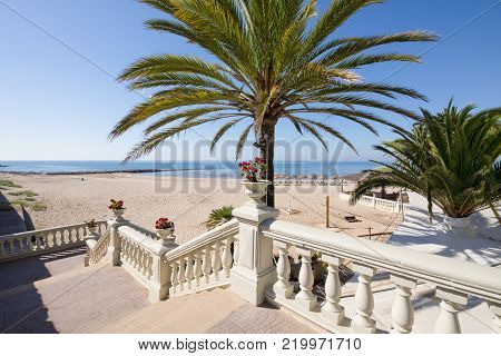 Access To Benicassim Beach With Palm And Stairs Horizontal