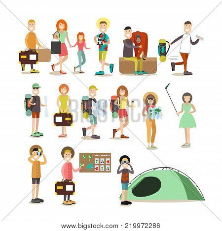 Vector illustration of travelers males, females, families going hiking, camping, visiting zoo and other famous places. Tourist people symbols, icons isolated on white background. Flat style design.