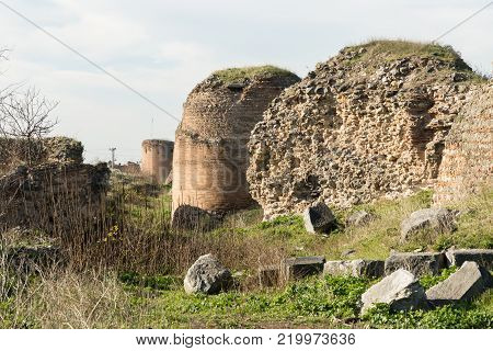 section of the ancient Roman walls surrounding the historic city of Nicea (now Iznik), Turkey