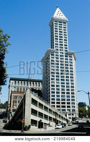 Smith Tower building in Seattle. The 38-story 149 m tall building was completed in 1914 and named after its builder, magnate Lyman Cornelius Smith.