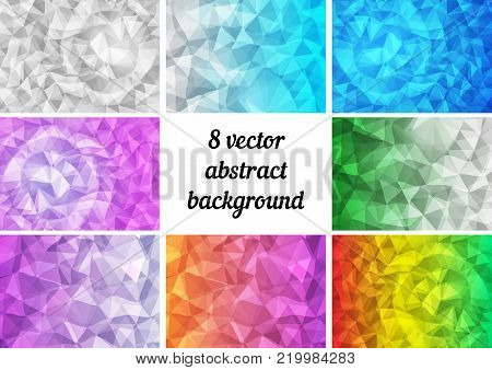 Abstract triangle backgrounds eight set. Vector illustration