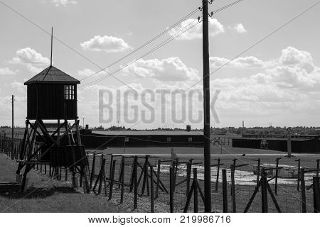 Majdanek concentration camp black and white photo