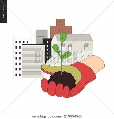 Urban farming, gardening or agriculture. Sign logo - a hand wearing gauntlet holding a sprout, with city buildings on the background