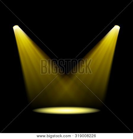 Glowing Yellow Spotlights. Pair Of Illumination Stage Lights. Vector Illustration For Your Graphic D