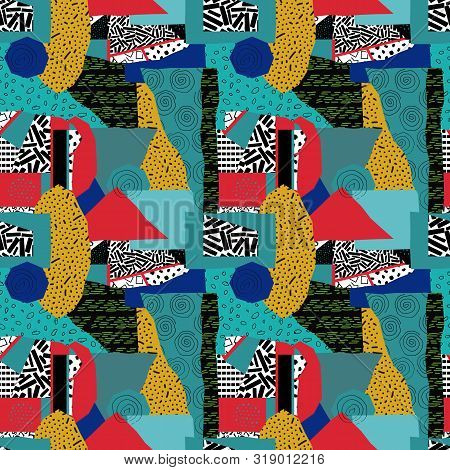 Abstract Bright Seamless Pattern Of Geometric Shapes With Different Doodle Textures-vector Illustrat