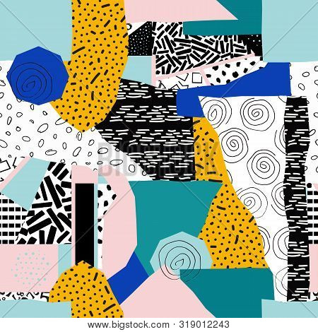 Abstract Bright Seamless Pattern Of Geometric Shapes With Different Doodle Textures-vector Illustrat