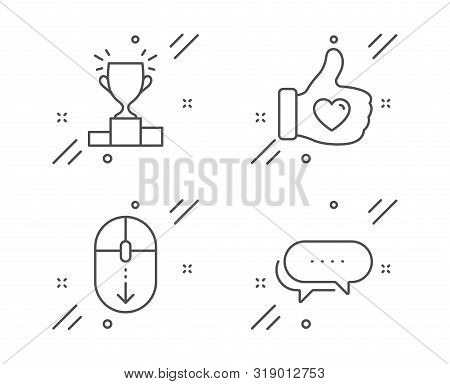 Winner Podium, Scroll Down And Like Hand Line Icons Set. Dots Message Sign. Competition Results, Mou