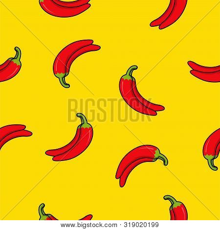 Chilies Seamless Vector On Yellow Background. Pattern For Textile, Surface Textures, Web Page Backgr
