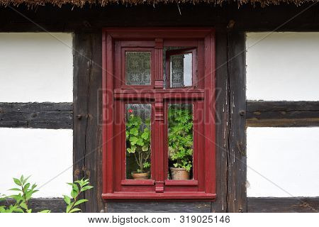 Window Of Old Ethno House In Open-air Museum, Polish Folk Culture. Poland, Europe