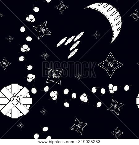 Crescent, Full Moon, Planets, Stars, Space Rocket In Dark Sky. Set Of Bakery And Pastry In Style Out