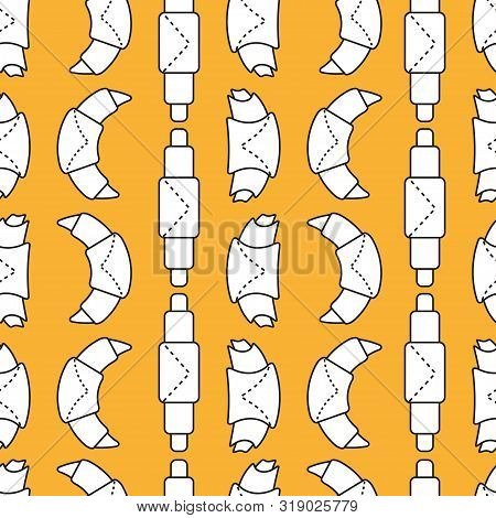 Set Of Bakery And Pastry In Style Outline On Colored Background. Seamless Pattern With Icons Of Croi