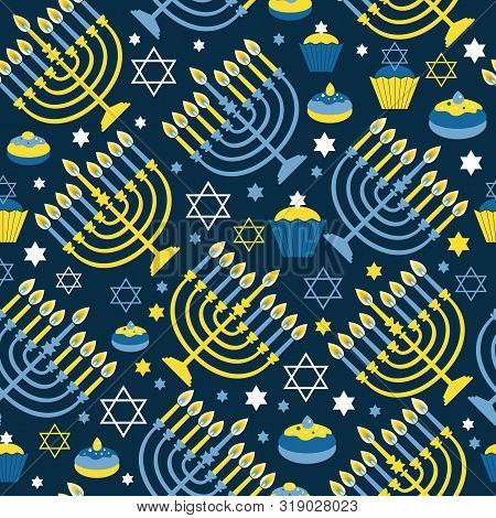 Happy Hanukkah Print Background With Menorah, David Star And . Seamless Pattern On Dark.