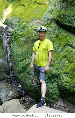 Tourist Posing In Dantovo Gorge, Krasnodar Region, Russia