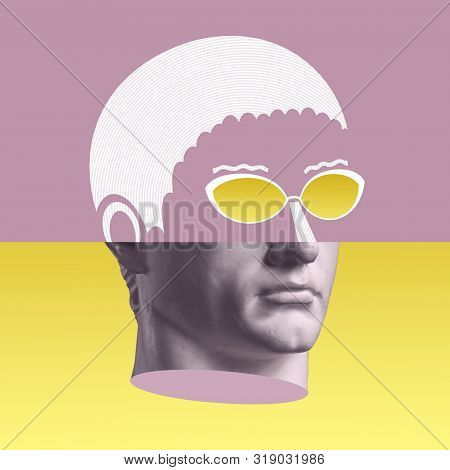 Contemporary Art Concept Collage With Antique Statue Head In A Surreal Style. Modern Unusual Art.