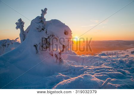 Sunrise.fantastic Sunrise, Morning Winter Landscape. Fantastic Overcast Sky. Beautiful Winter Landsc