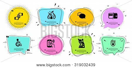 Fire Energy, Bitcoin Pay And Loyalty Star Line Icons Set. Chat Bubbles With Quotes. Disability, Micr