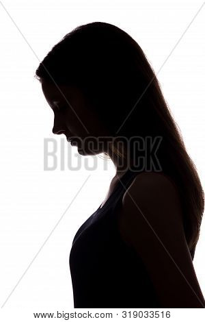 Young Woman Look Down With Flowing Hair - Vertical, Isolated Silhouette Of A Front View