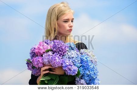 Gentle Flower For Delicate Woman. Girl Tender Blonde Hold Hydrangea Flowers Bouquet. Allergy Free Li