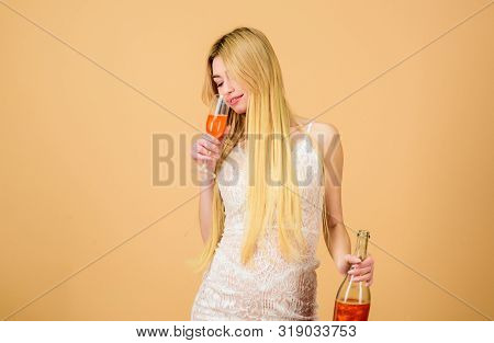 Hen Party Concept. Luxury Champagne. Pretty Blonde Celebrate Birthday. Sweet Liquor Champagne. Glamo
