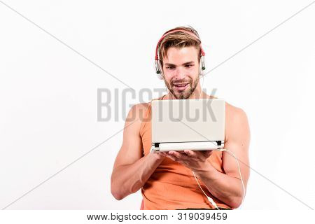 Black Friday With Online Shopping. New Technology In Modern Life. Sexy Muscular Man Listen Music. Ma
