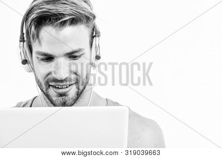 Vide3o Conferencing. Ebook And Online Education. Music Education. Sexy Muscular Man Listen Ebook. Ma