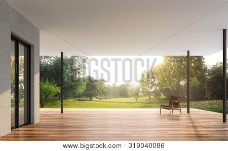 Empty Contemporary Terrace With Garden View 3d Render, There Are Wooden Floor And Concrete Tile Wall