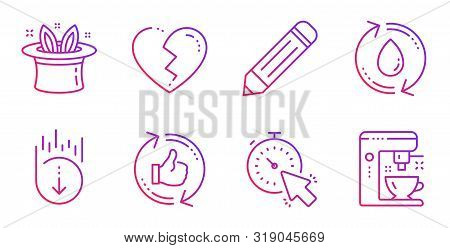 Refresh Like, Broken Heart And Pencil Line Icons Set. Scroll Down, Timer And Hat-trick Signs. Refill