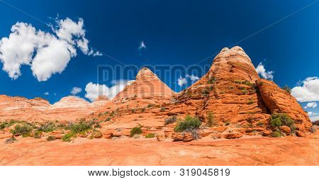 Vivid sandstone formation in Coyote Buttes North. These formations could be seen in Paria Canyon-Vermilion Cliffs Wilderness between the towns of Kanab, Utah and Page, Arizona. USA. Panorama