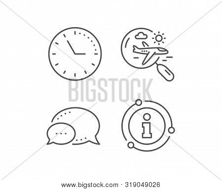 Airplane Travel Line Icon. Chat Bubble, Info Sign Elements. Search Trip Flight Sign. Holidays Symbol