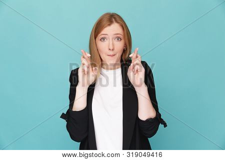Exited Woman In A Wish Pose Isolatted.