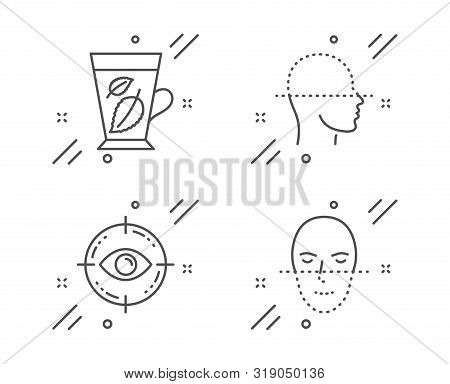 Mint Leaves, Eye Target And Face Scanning Line Icons Set. Face Recognition Sign. Mentha Leaf, Optome