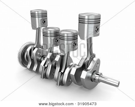 Pistons and crankshaft. four cylinder engine. 3d
