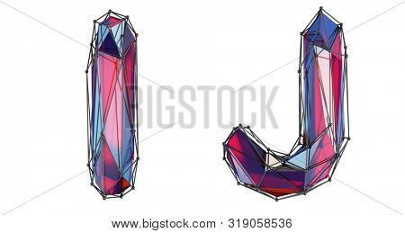 Realistic 3D letters set I, J made of low poly style. Collection symbols of low poly style red color glass isolated on white background 3d rendering