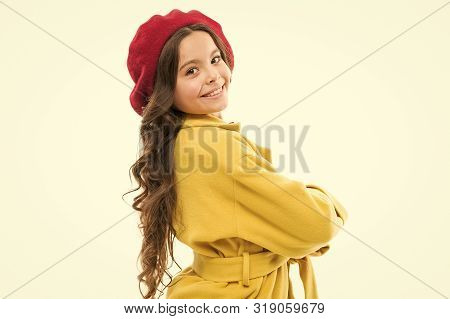 Feeling Pretty. Dress Up Like Fashion Girl. Kid Little Cute Girl Smiling Face Posing In Hat Isolated