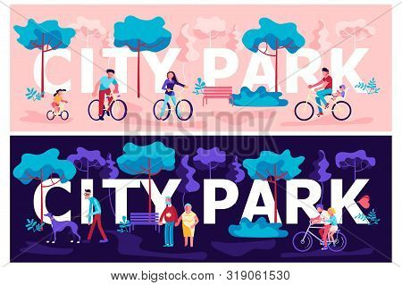Day And Night City Park Horizontal Banner Template. People Enjoying In Public Garden. Summer Outdoor