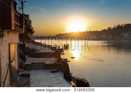 Sunset Near Ram Jhula Bridge Of Rishikesh, Famous For Association With Hindu Mythology God Ram, Utta