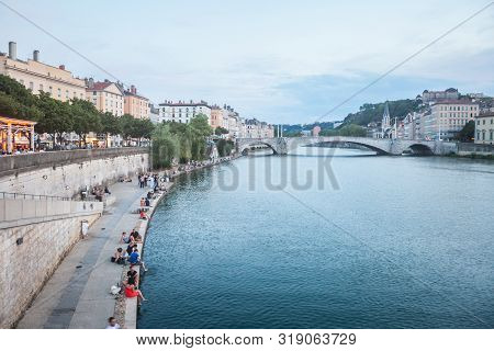 Lyon, France - July 17, 2019: Panorama Of Saone River And The Quais De Saone Riverbank And Riverside