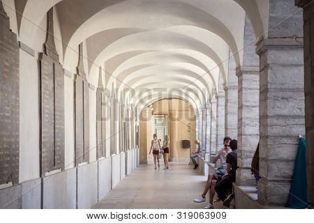 Lyon, France - July 19, 2019: Interior Cloister (cloitre) Of The Hotel Dieu In Lyon, Newly Renovated