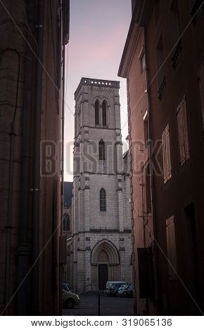 Eglise Saint Jean Baptiste Church At Dusk In Bourgoin Jallieu, France, A City Of Dauphine Region, In
