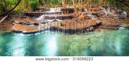 Beautiful waterfall Huai Mae Khamin at Kanchanaburi Province in west Thailand. high resolution panorama