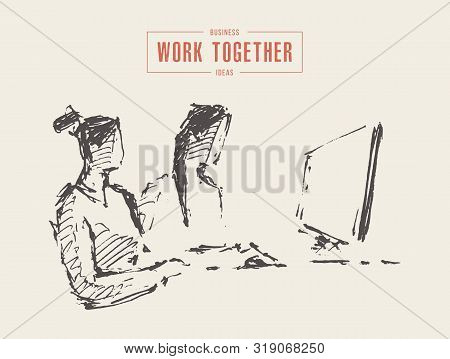 Two Business Women Computer Work Together Vector